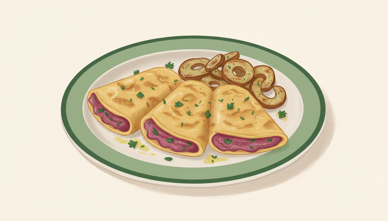 Illustration af æggewraps med rødbedehummus og stegte svampe